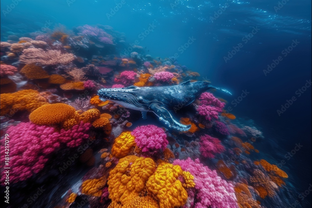 Fototapeta premium A majestic whale shark gracefully navigates a thriving coral reef ecosystem in the deep blue ocean. Vibrant colors and diverse marine life create a stunning underwater scene.
