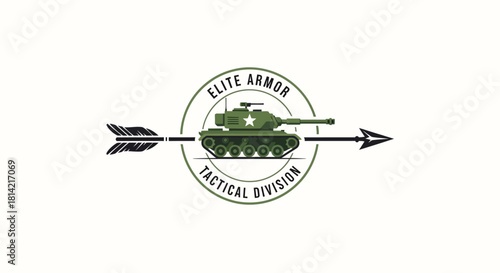 Elite Armor Tactical Division Logo - Military Tank and Arrow Design