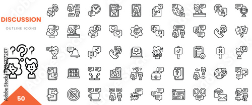 A collection of 50 outline icons depicting discussions and communications in a minimalistic style.