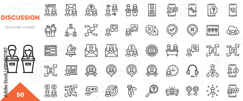 A diverse collection of outline icons depicting various discussion elements and communication tools.