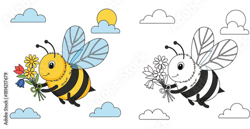 Cute Cartoon Bee Flying with Flower Bouquet. Happy Bumblebee Character Holding Gift in Sky with Sun and Clouds for Spring Design Vector Illustration.