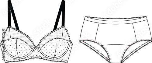 Lingerie set fashion flat sketch, bra and panties technical drawing, polka dot vector illustration, women's underwear design template.