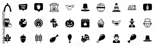 Black and White Thanksgiving, roasted bird, chicken drumstick, pie icon, dessert Icon Collection