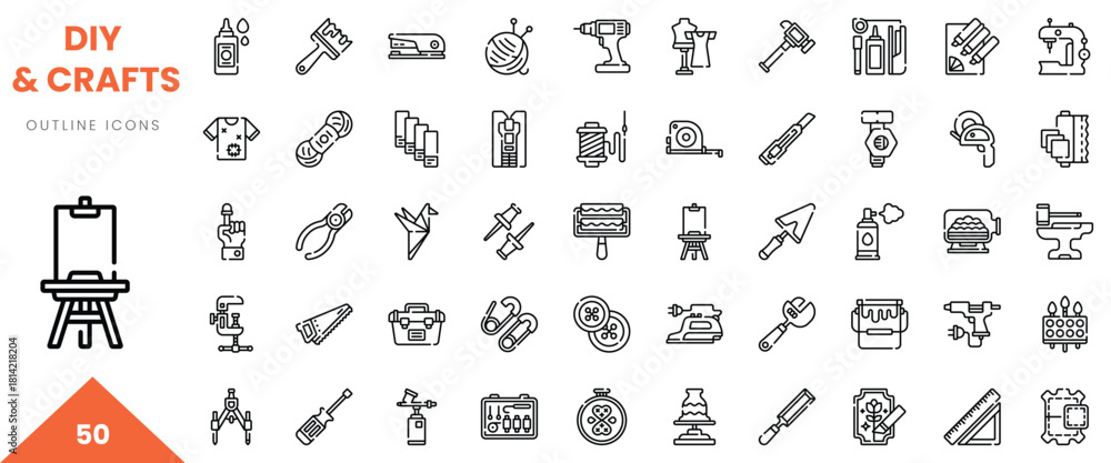 Fototapeta premium Outline icons for DIY and crafts, featuring a variety of tools and materials.