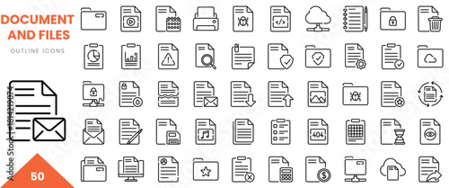 A collection of 50 diverse outline icons representing various documents and file types.