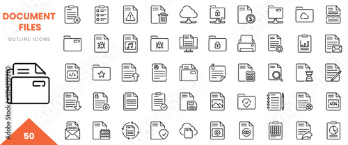 A collection of 50 outline icons representing various document files and digital elements.