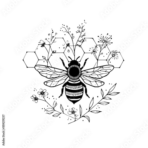Black and white drawing of a bee with honeycomb and flower detail