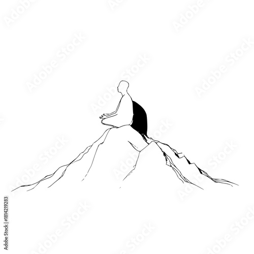 Minimalist line drawing of person meditating atop a mountain peak