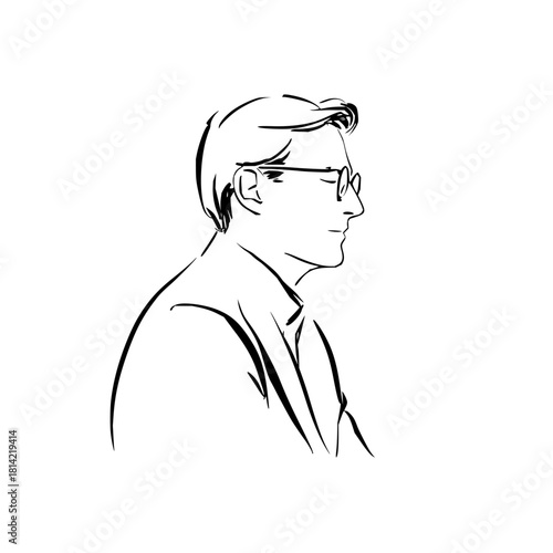 Minimalist black and white line art portrait of a man wearing glasses