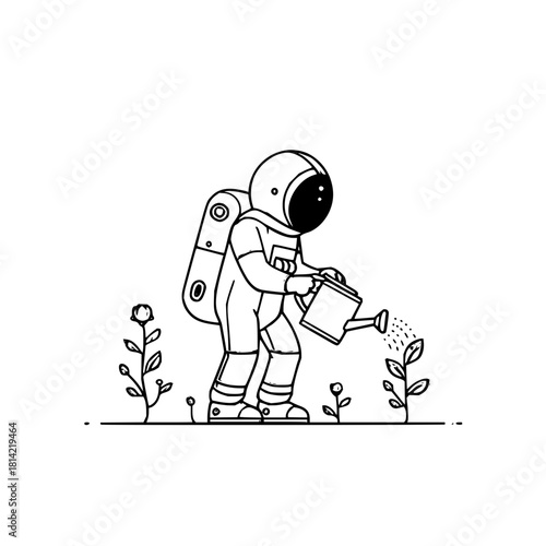 Astronaut in space suit watering small plant isolated on