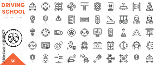 Set of outline icons representing various driving school elements including traffic signs and vehicles.