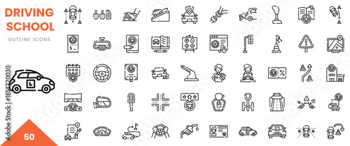 A collection of outline icons representing various aspects of driving school education.