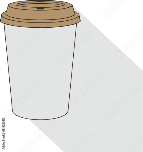 Disposable coffee cup with brown lid casting a long shadow, simple illustration.