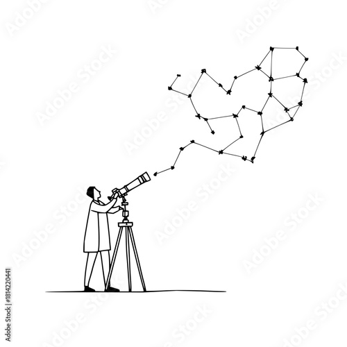 Man looking through telescope at constellation forming a heart shape