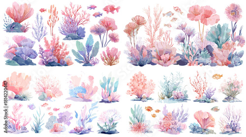 Watercolor coral reef illustration set in soft pastel tones featuring ocean plants, fish, and delicate marine scenery. Ideal for underwater themed designs, patterns, invitations, and creative artwork.
