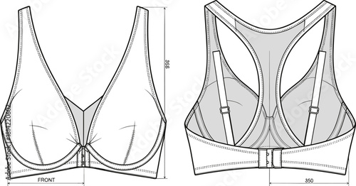 Racerback bra technical vector illustration, front closure lingerie flat sketch, athletic sports apparel CAD drawing template, garment specifications.