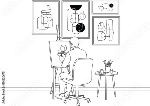 Artist Painting Abstract Artwork in Studio; Man Sitting at Easel with Brush and Palette; Creativity, Art, Hobby, Education, and Modern Contemporary Interior Design; Black Outline Vector.