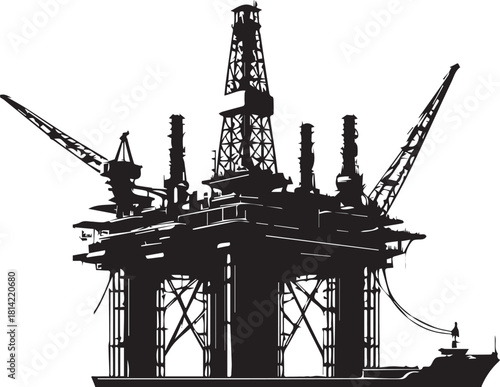 Offshore Oil Rig Silhouette with Supply Vessel Vector Illustration Graphic .eps
