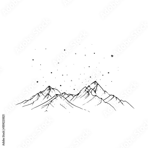 Minimalist line art drawing of mountain range under starry sky isolated on