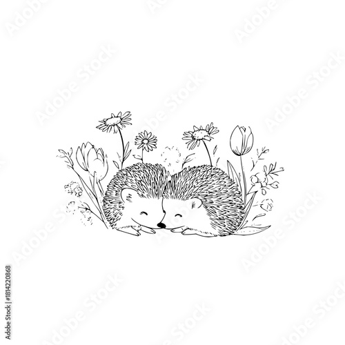 Cute drawing of two hedgehogs cuddling among flowers isolated on
