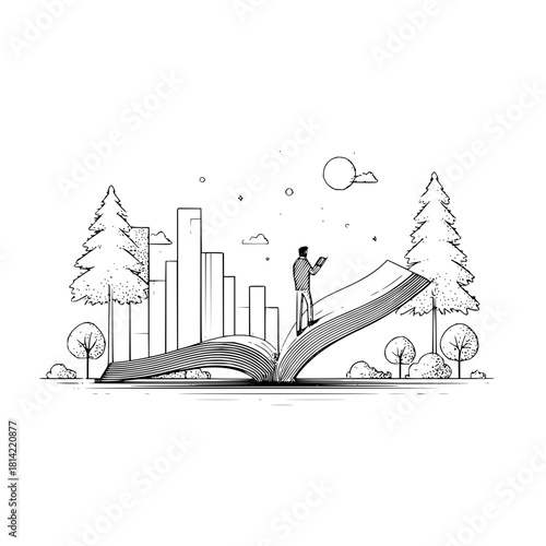 Man standing on open book with city skyline and nature
