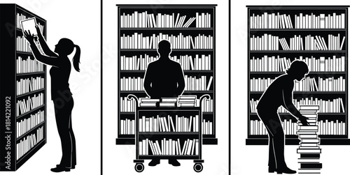 Black and white silhouette vector illustration set showing librarians organizing books on shelves, using a cart, and stacking volumes in a library.