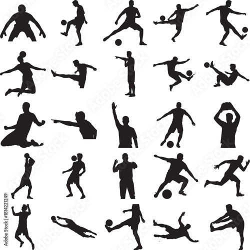 Set of soccer player silhouettes in various poses vector illustration of football action isolated on white background