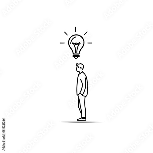 Simple line drawing of a person having a bright idea with lightbulb