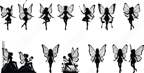 Fairy Silhouette Vector Collection; Fantasy Tinkerbell-Style Creatures; Beautiful Flying and Posing Fairies with Butterfly Wings and Wand; Magical Girls Icon Set for Design Projects.