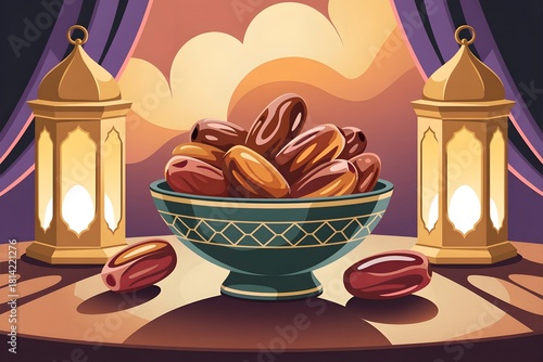 Ramadan kareem dates and golden lanterns on table illustration
