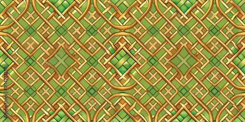 Intricate green and gold geometric pattern with woven design elements, creating a vibrant and textured backdrop.