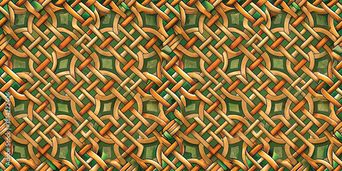 Intricate woven pattern in vibrant greens and golds, evoking a sense of texture and depth.