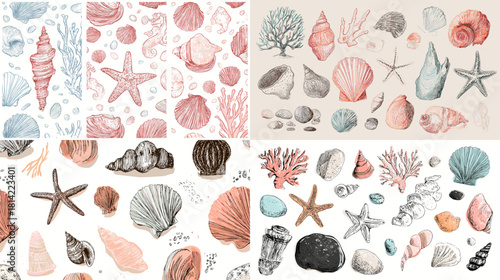 Elegant watercolor seashell set featuring starfish, coral, stones, and marine elements in soft pastel tones. Perfect for beach themed design, invitations, patterns, and creative artwork.