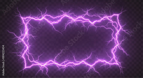 An artistic neon border of electrifying purple lightning elegantly frames a transparent background, creating a dazzling and dynamic design element. vector illustration