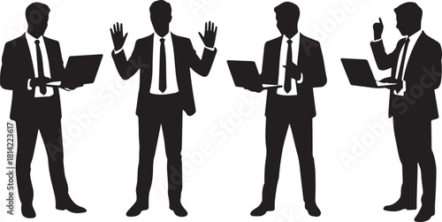 Silhouettes of four businessmen in suits with laptops and hand gestures isolated
