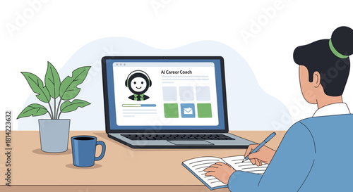 A woman sits at a desk, working on a laptop with a notepad and pen, surrounded by a coffee mug and potted plant on a wooden surface.