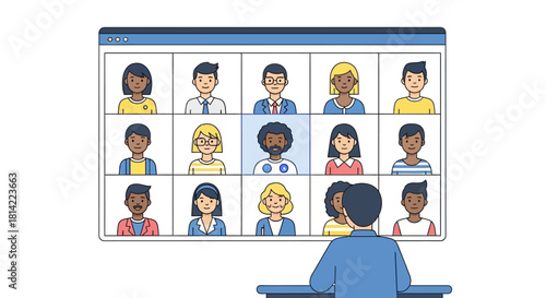 Illustration of a person sitting at a desk looking at a computer screen with a video conference call with diverse participants.