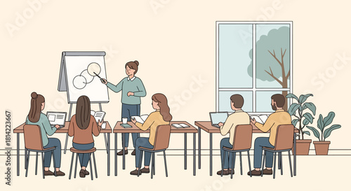 Illustration of a diverse group of adults sitting at desks in a classroom setting with a teacher presenting on a whiteboard, using laptops and notebooks, surrounded by plants and a window
