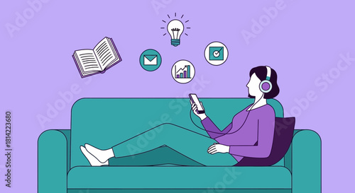 A woman wearing headphones sits on a teal couch, holding a phone with floating icons above, against a purple background with a thoughtful expression.