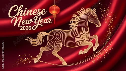 Chinese new year 2026 golden horse design red silk background