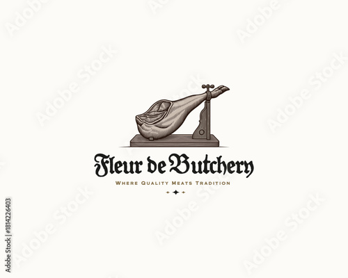 Vintage Ham leg on wooden stand logo for butchery business