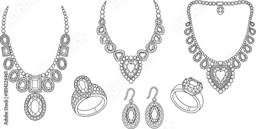 Jewelry, illustration, set, with, necklaces, rings, earrings, gemstone, design, ornate, detail, fashion, accessory, vector, content, catalog, luxury, style, silhouette, editorial, artwork, sparkle