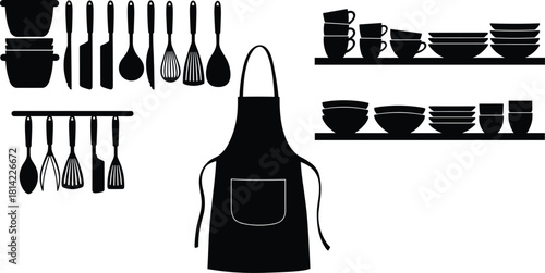 Kitchen silhouette illustration with utensils, cookware, shelves, and apron for culinary, home organization, and editorial vector content