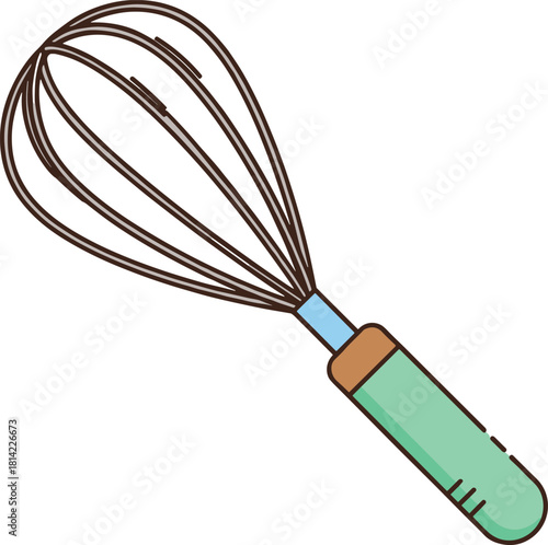 Kitchen whisk illustration with green handle and balloon wire loops, stylized vector design for cooking, baking, and food preparation concept