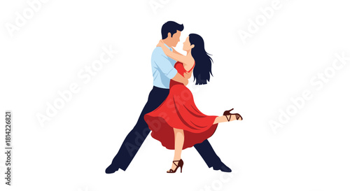 A couple in formal attire dances passionately in a tango pose against a white background.
