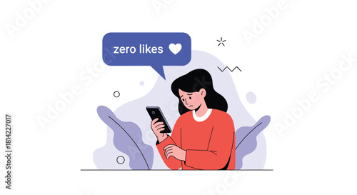 Sad young woman looking at her phone with zero likes on her social media post.