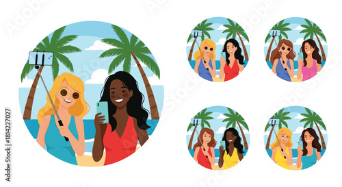 Two diverse young women take a selfie with a selfie stick on a tropical beach with palm trees.