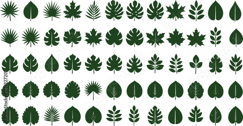 Leaf silhouette icon set, 56 botanical shapes, foliage diversity, plant morphology grid, dark green vector design, white background, nature study