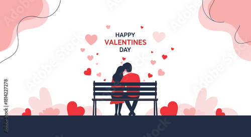 A couple sits on a park bench on valentines day surrounded by floating hearts.