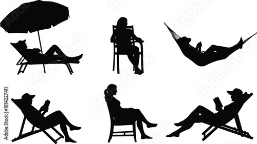 Leisure silhouette illustration set with seated and reclining poses in chairs and hammock, vector design for rest and relaxation concept